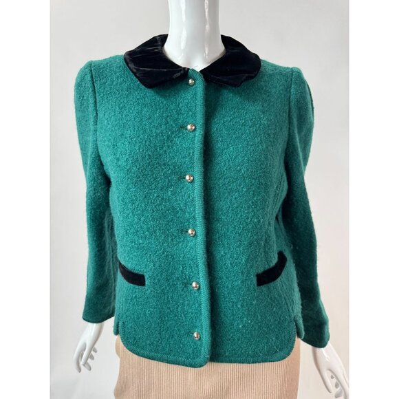 The Eagles Eye 80s Womens Wool Jacket With Velvet Collar Green Size 12 Vintage C - Picture 14 of 16